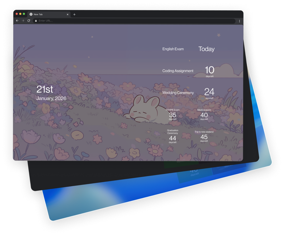 Anket new tab page showing a calendar countdown over a custom background